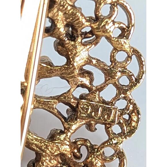 Lacey Goldtone Round Flower w Ruby Red Rhinestone Brooch Pin Earring Set J Jill - Picture 8 of 13